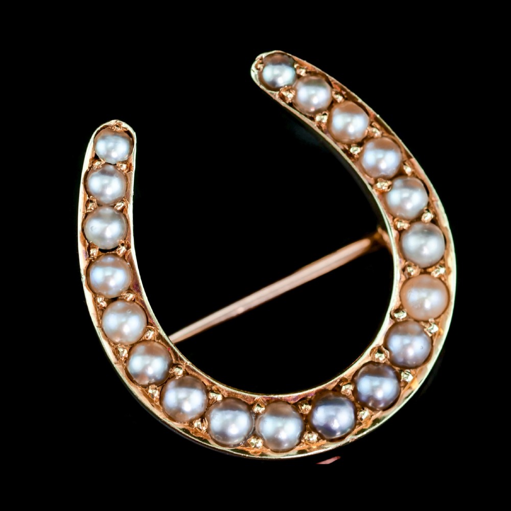 Antique Victorian 14ct Gold Horseshoe Pearl Brooch/Pin - c.1860 View XX