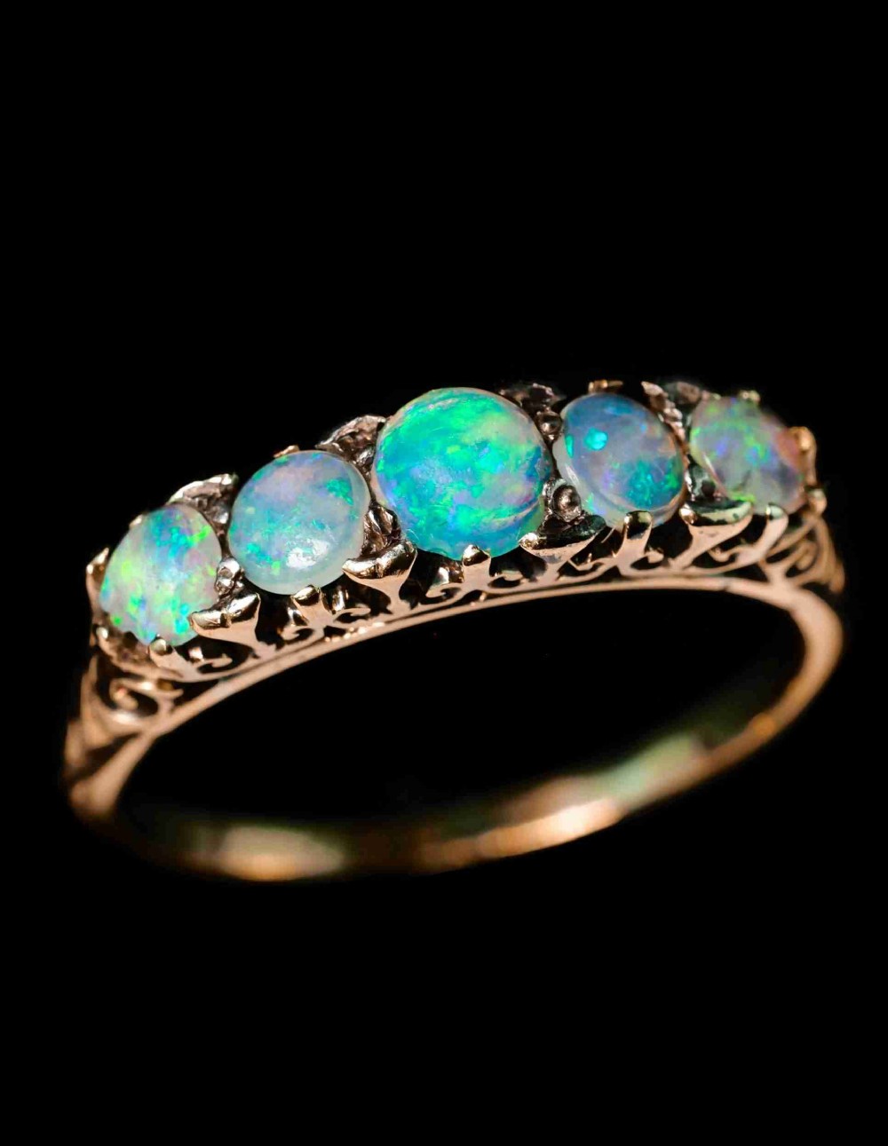 Antique Opal 14ct Gold Ring with 5 Cabochons & Fleur-de-lis Setting - Victorian c.1890