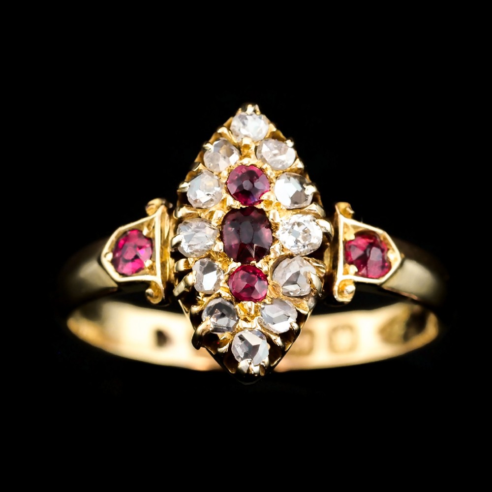 Antique Victorian Ruby & Diamond Navette Ring 18ct Gold - Birmingham 1886