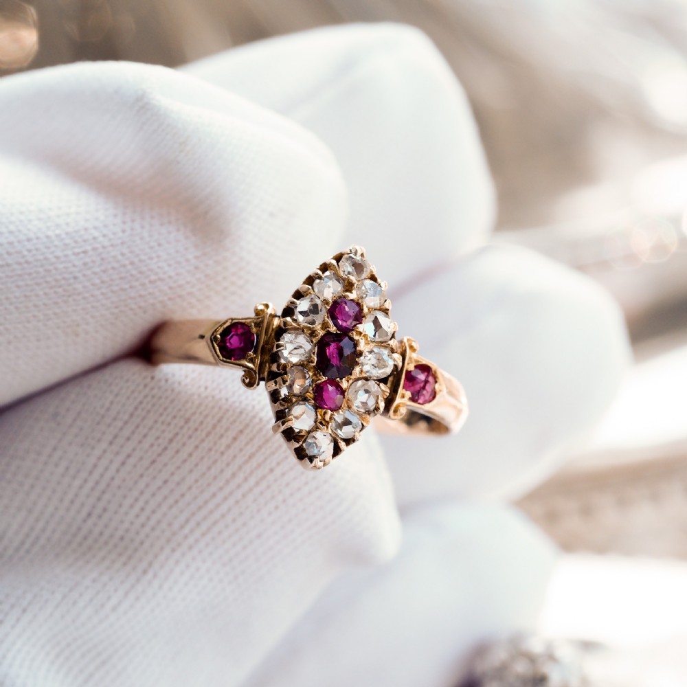 Antique Victorian Ruby & Diamond Navette Ring 18ct Gold - Birmingham 1886 View III