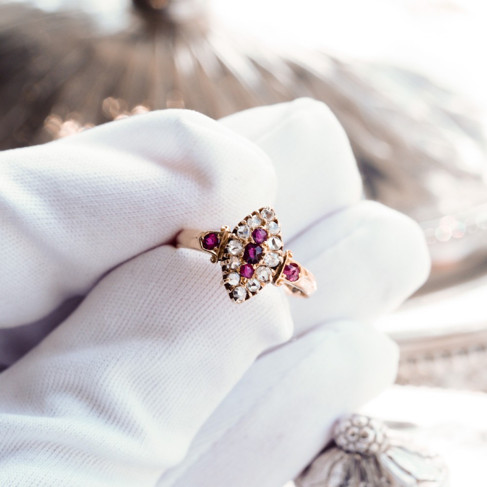 Antique Victorian Ruby & Diamond Navette Ring 18ct Gold - Birmingham 1886 View IV