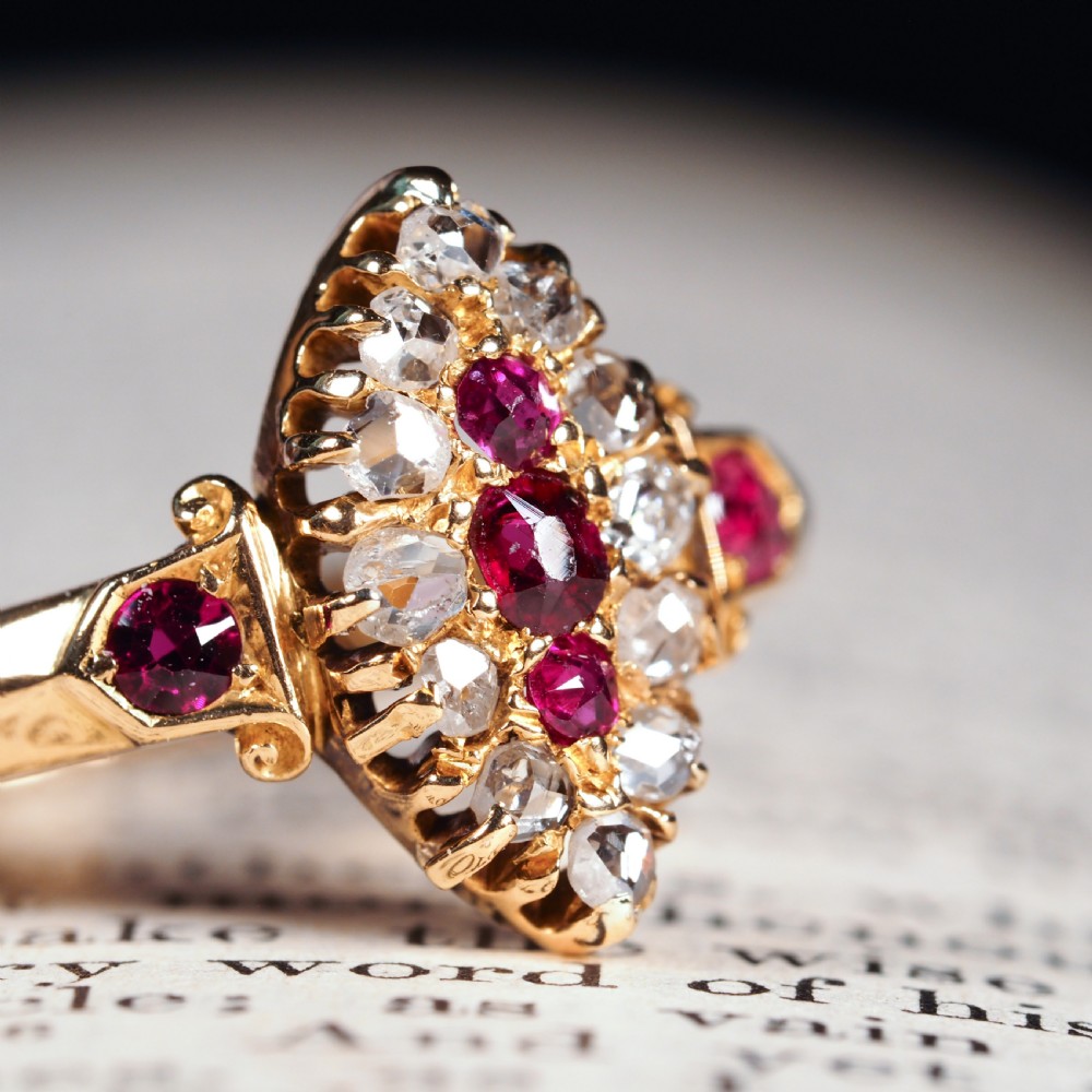 Antique Victorian Ruby & Diamond Navette Ring 18ct Gold - Birmingham 1886 View VIII