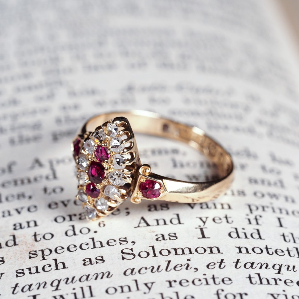 Antique Victorian Ruby & Diamond Navette Ring 18ct Gold - Birmingham 1886 View IX