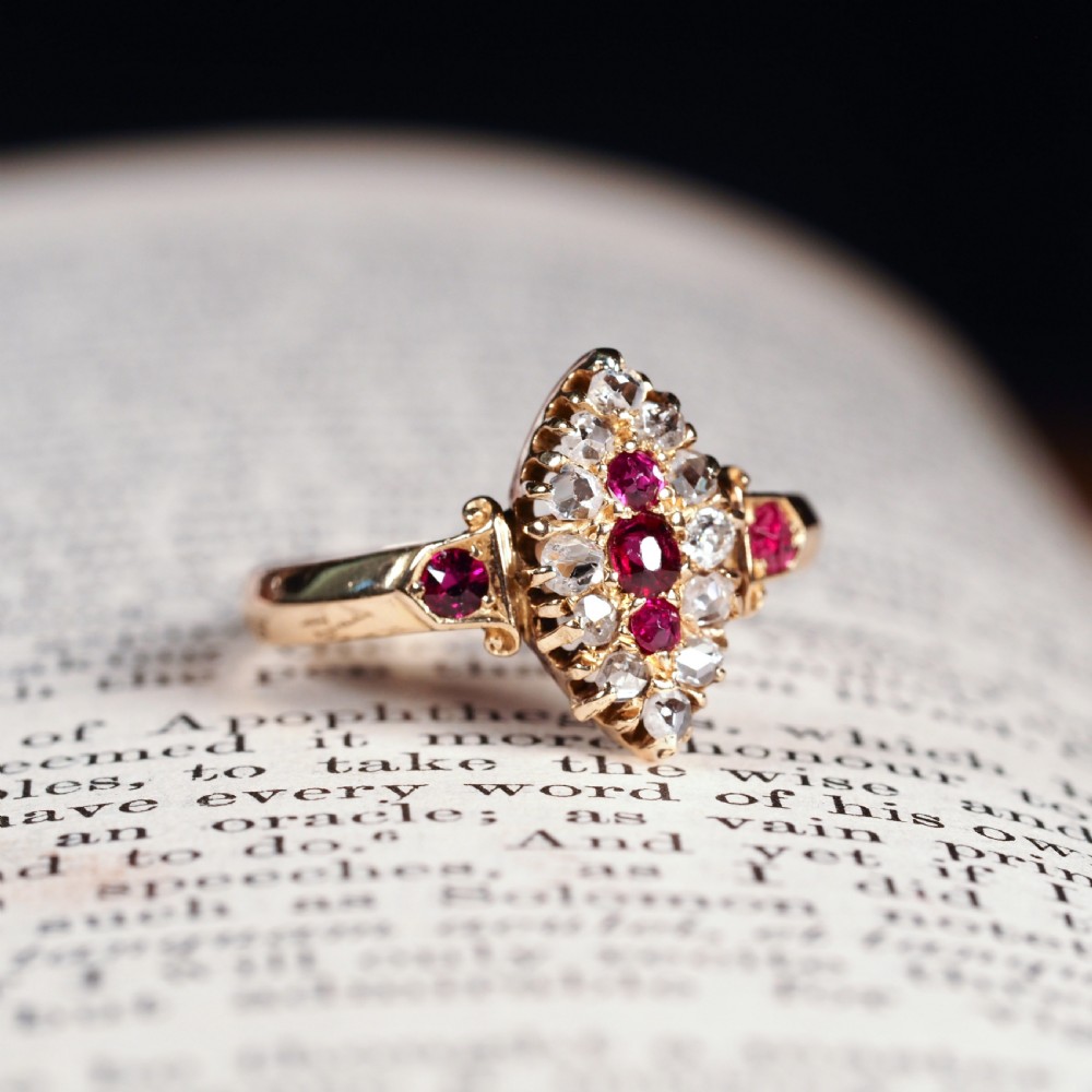 Antique Victorian Ruby & Diamond Navette Ring 18ct Gold - Birmingham 1886 View X