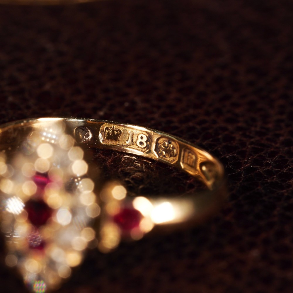 Antique Victorian Ruby & Diamond Navette Ring 18ct Gold - Birmingham 1886 View XI