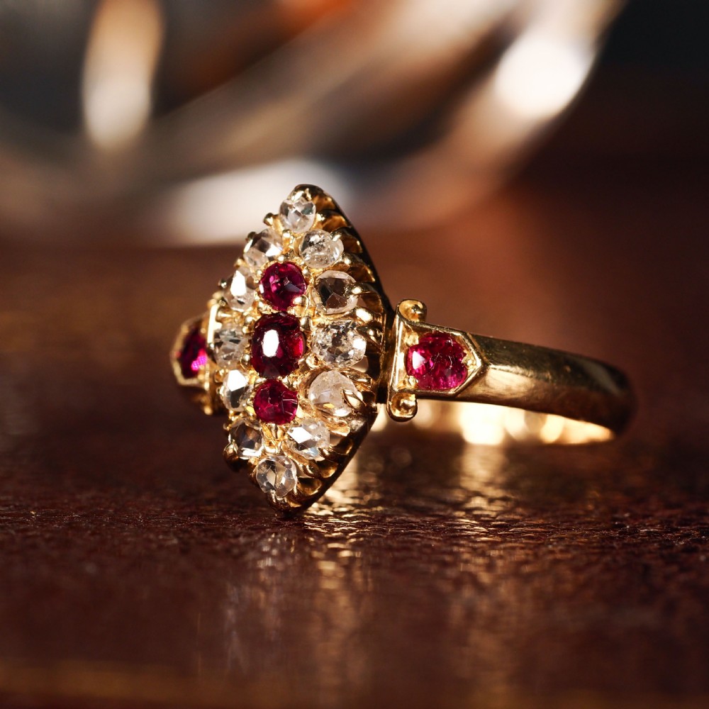 Antique Victorian Ruby & Diamond Navette Ring 18ct Gold - Birmingham 1886 View XII