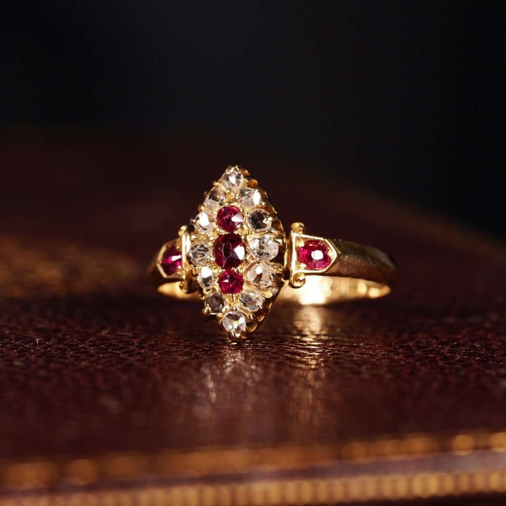 Antique Victorian Ruby & Diamond Navette Ring 18ct Gold - Birmingham 1886 View XIII