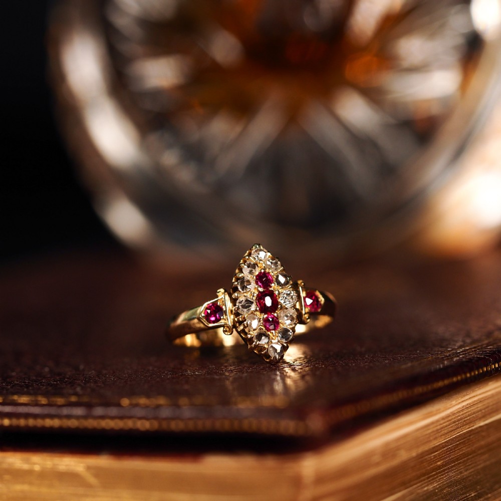 Antique Victorian Ruby & Diamond Navette Ring 18ct Gold - Birmingham 1886 View XIV