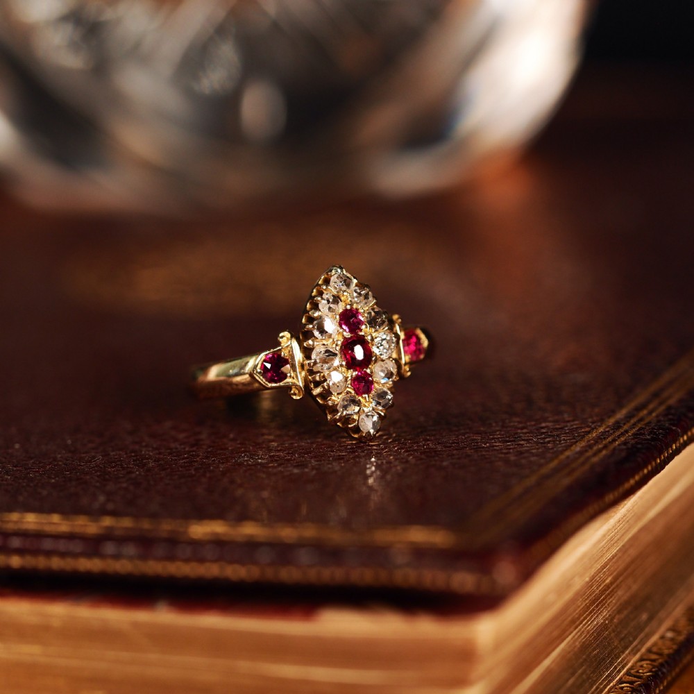 Antique Victorian Ruby & Diamond Navette Ring 18ct Gold - Birmingham 1886 View XV