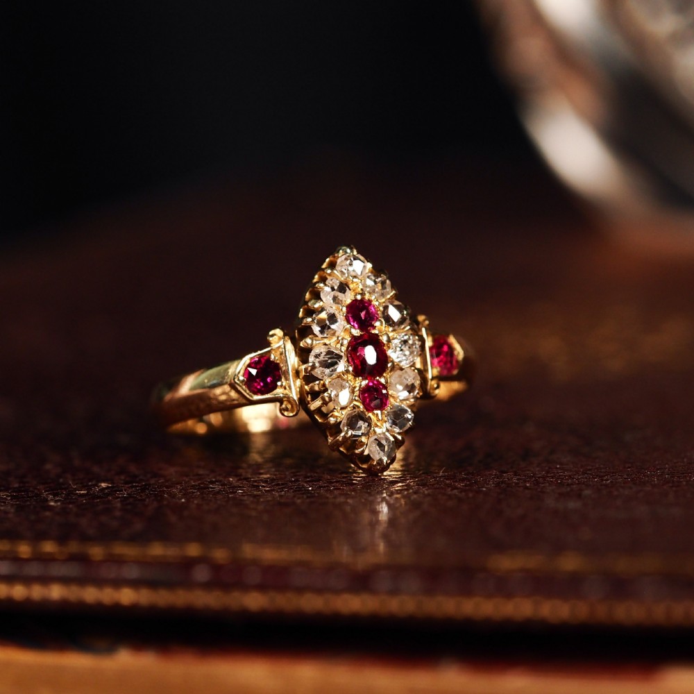 Antique Victorian Ruby & Diamond Navette Ring 18ct Gold - Birmingham 1886 View XVI