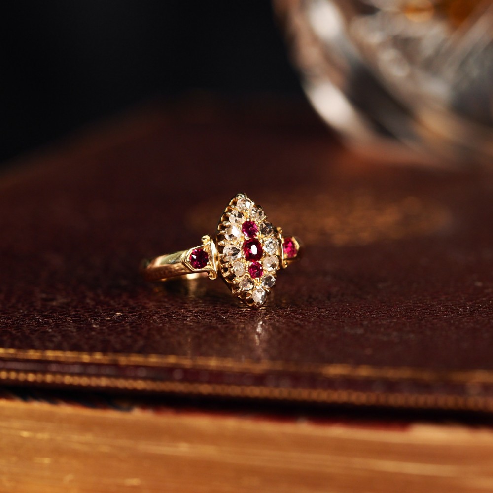 Antique Victorian Ruby & Diamond Navette Ring 18ct Gold - Birmingham 1886 View XVII
