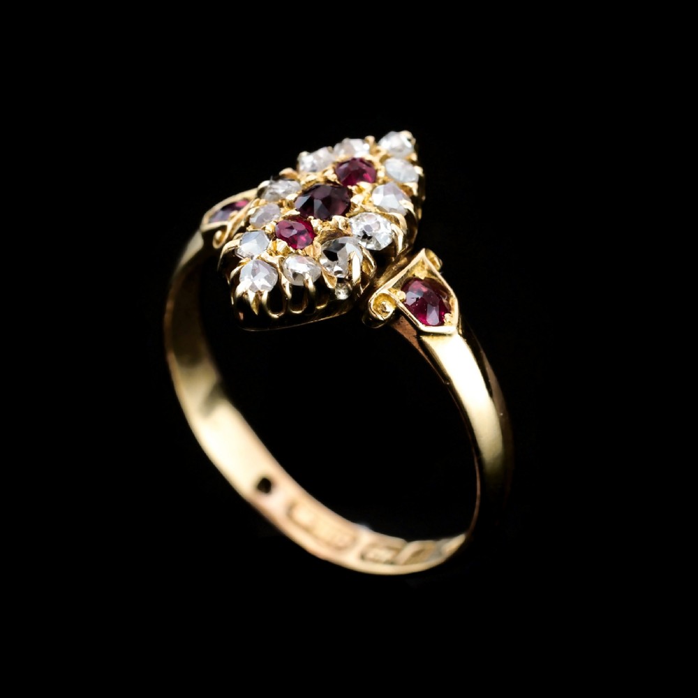 Antique Victorian Ruby & Diamond Navette Ring 18ct Gold - Birmingham 1886 View XVIII