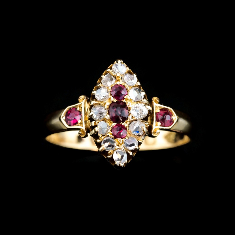 Antique Victorian Ruby & Diamond Navette Ring 18ct Gold - Birmingham 1886 View XIX