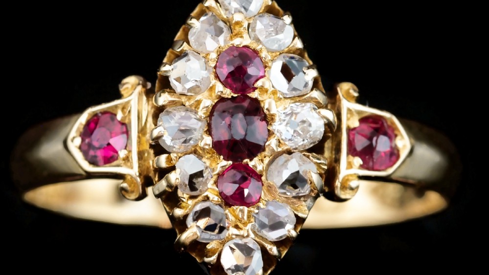 Antique Victorian Ruby & Diamond Navette Ring 18ct Gold - Birmingham 1886 View XX