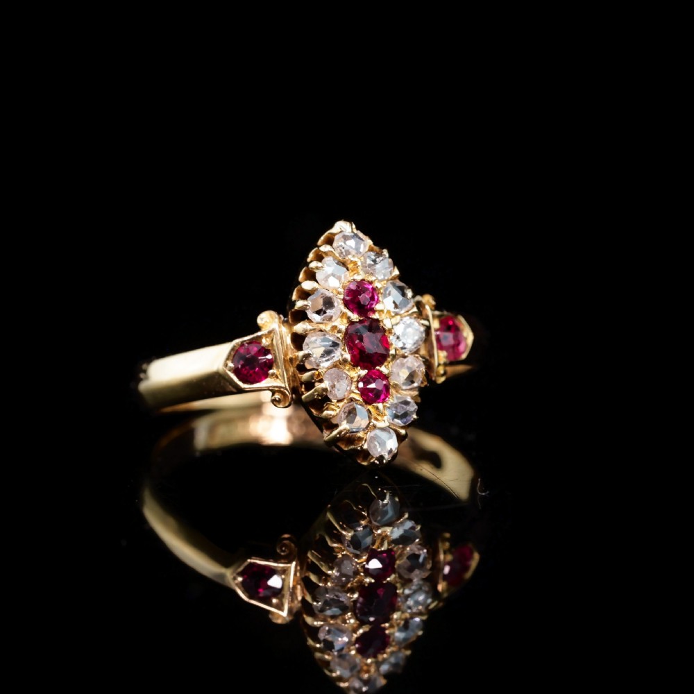Antique Victorian Ruby & Diamond Navette Ring 18ct Gold - Birmingham 1886 View XXI