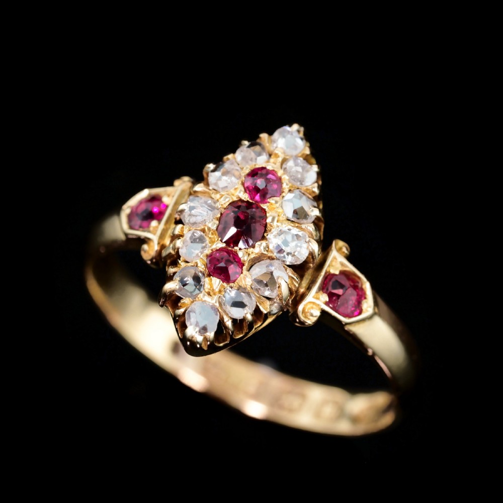 Antique Victorian Ruby & Diamond Navette Ring 18ct Gold - Birmingham 1886 View XXIII