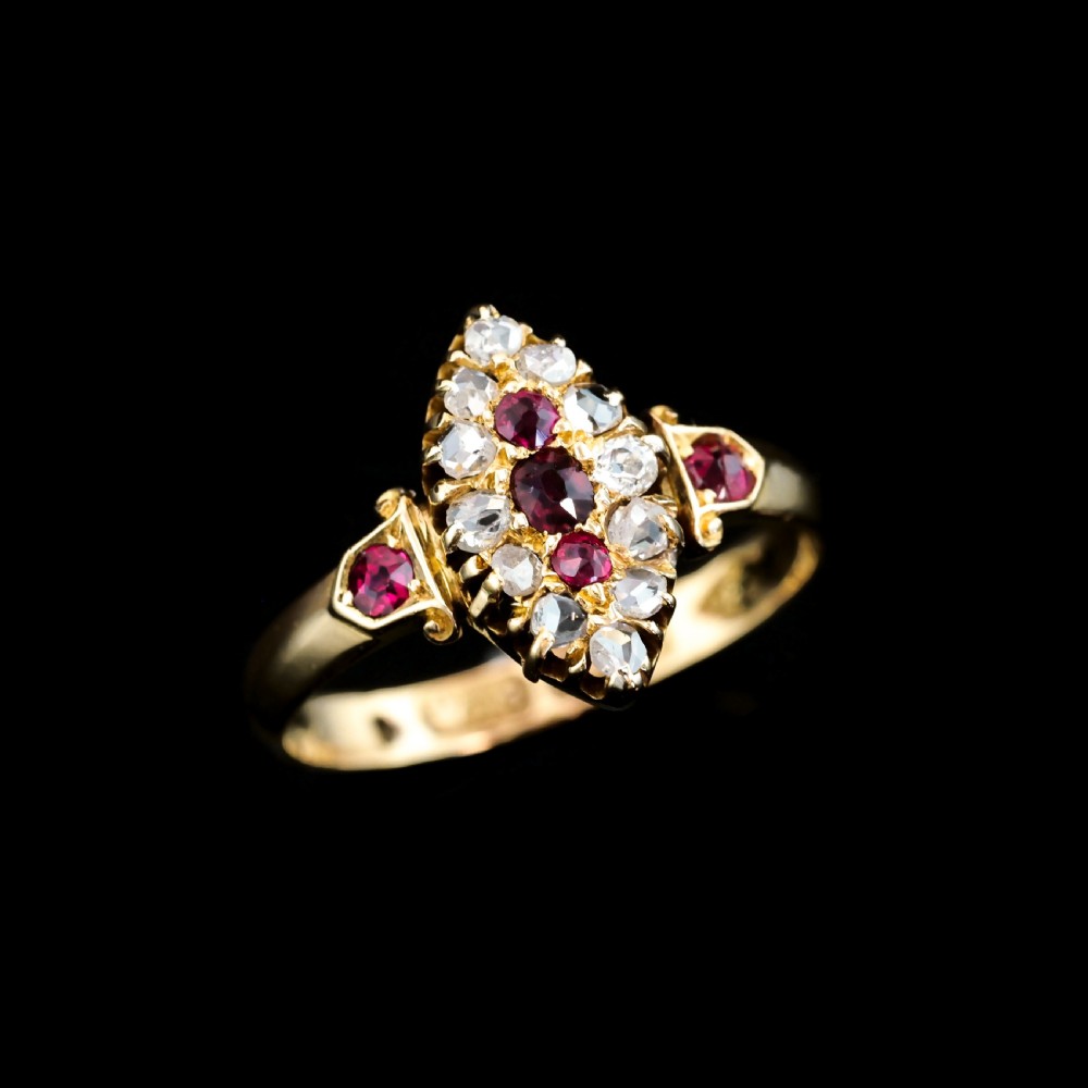 Antique Victorian Ruby & Diamond Navette Ring 18ct Gold - Birmingham 1886 View XXVI