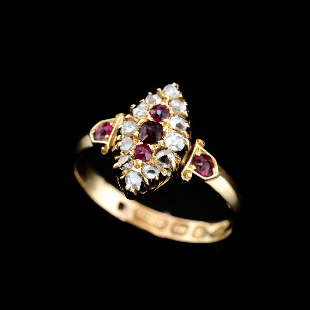 Antique Victorian Ruby & Diamond Navette Ring 18ct Gold - Birmingham 1886 View XXVII