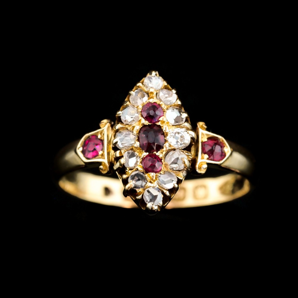 Antique Victorian Ruby & Diamond Navette Ring 18ct Gold - Birmingham 1886 View XXVIII