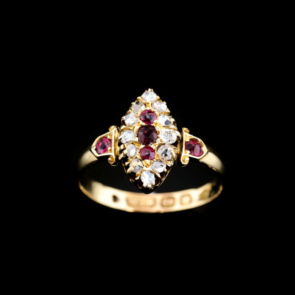 Antique Victorian Ruby & Diamond Navette Ring 18ct Gold - Birmingham 1886 View XXIX