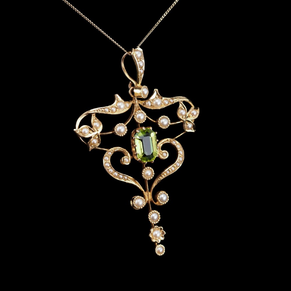 Antique Edwardian 15ct Gold Peridot & Pearl Necklace/Pendant - c.1910