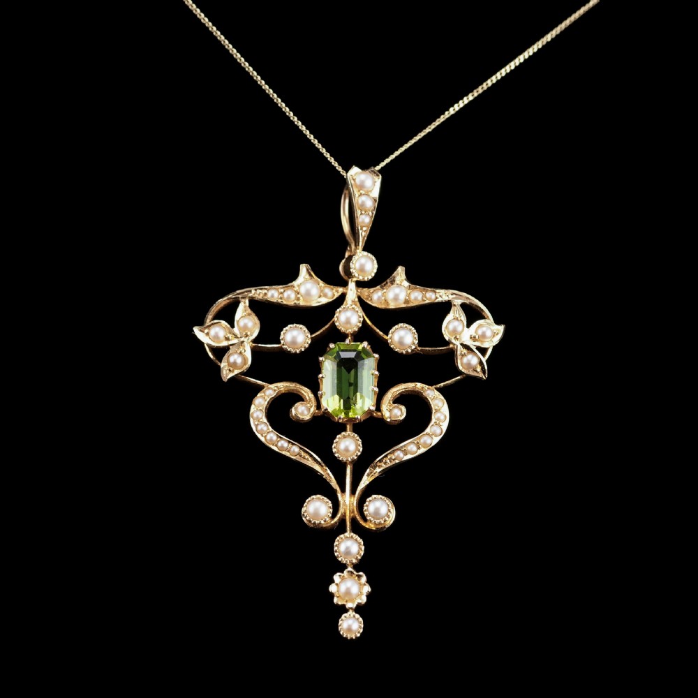 Antique Edwardian 15ct Gold Peridot & Pearl Necklace/Pendant - c.1910 View VIII