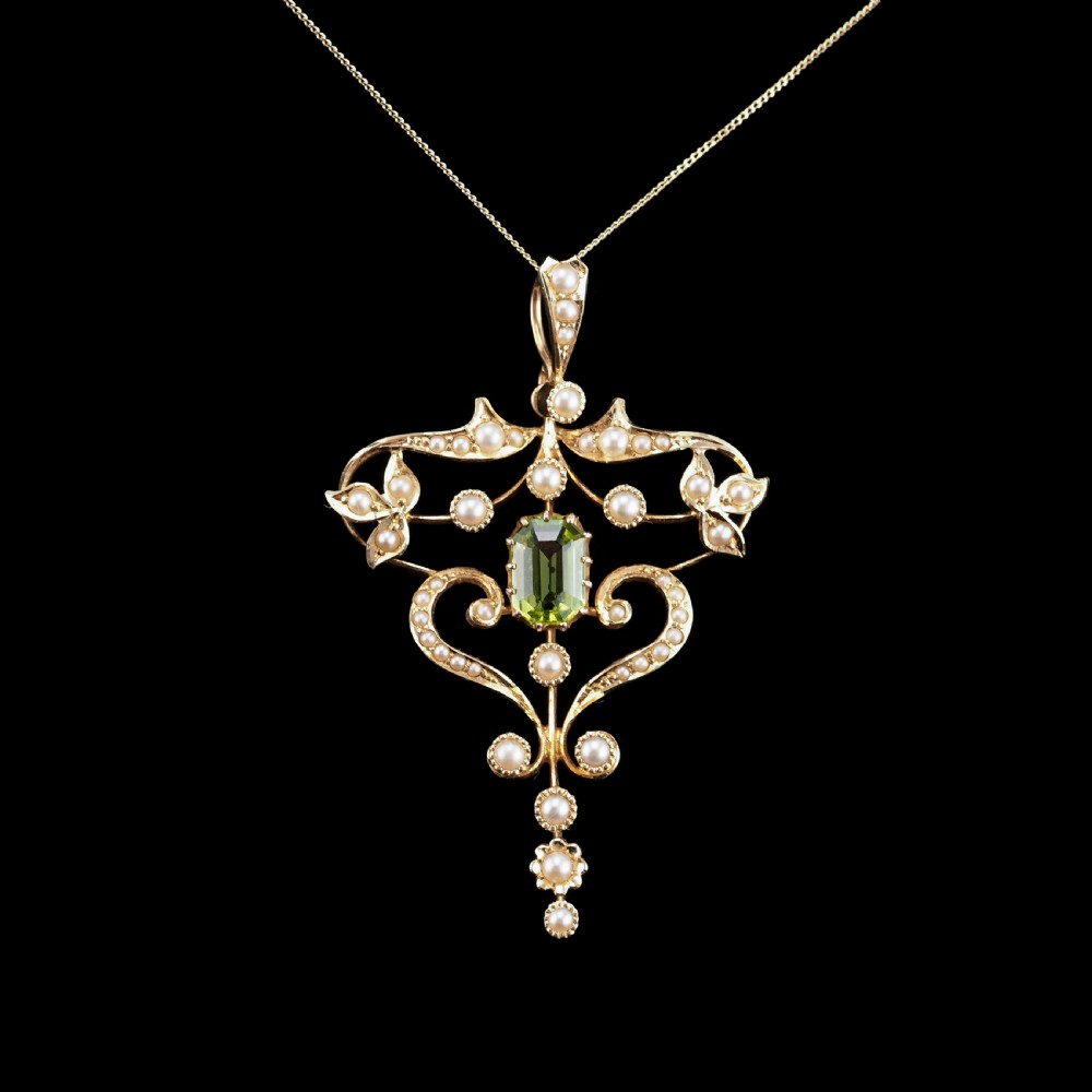 Antique Edwardian 15ct Gold Peridot & Pearl Necklace/Pendant - c.1910 View IX