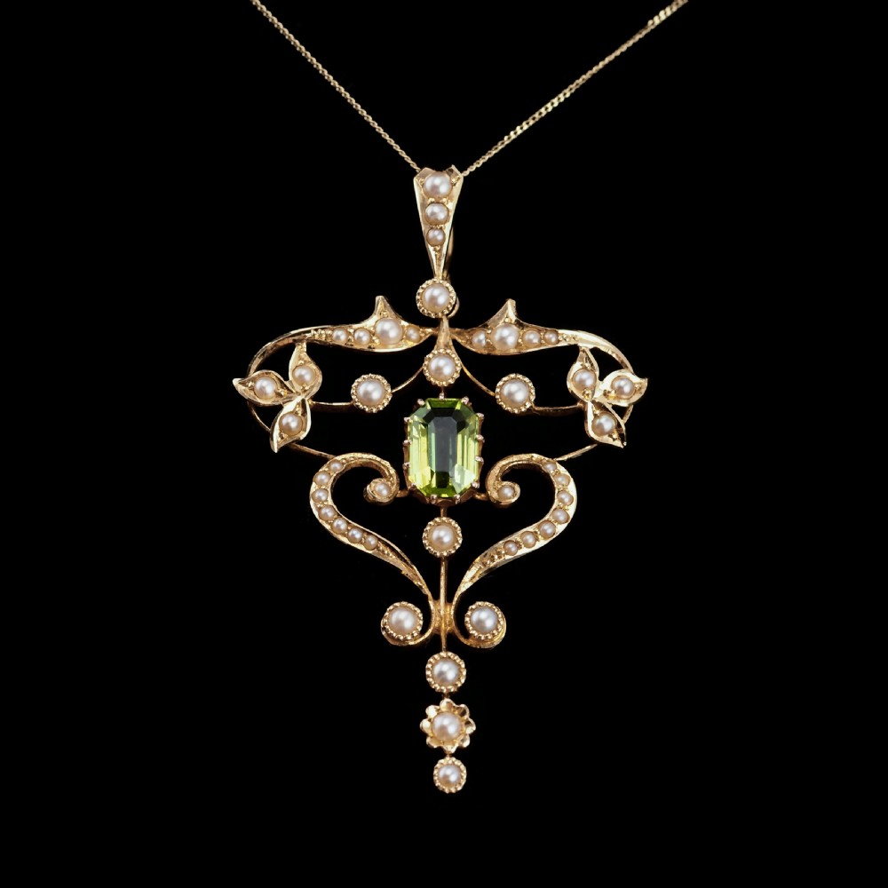 Antique Edwardian 15ct Gold Peridot & Pearl Necklace/Pendant - c.1910 View XIV