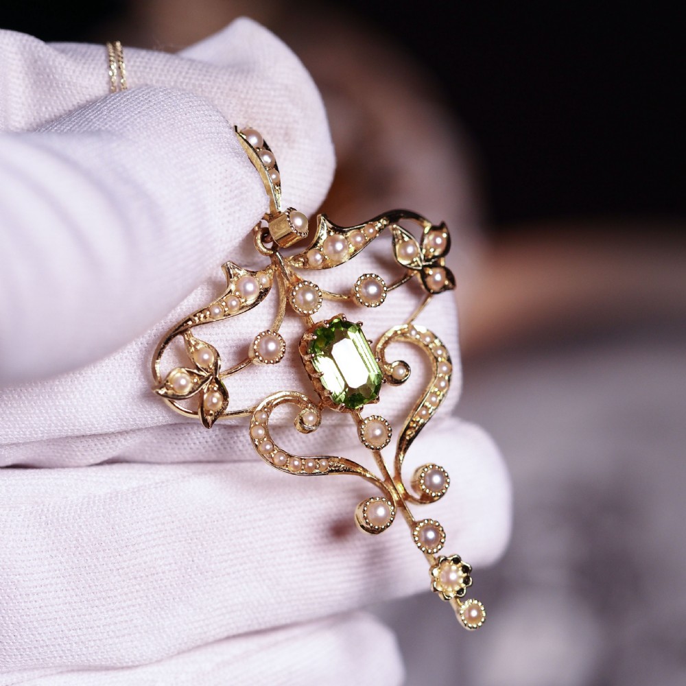 Antique Edwardian 15ct Gold Peridot & Pearl Necklace/Pendant - c.1910 View XVI