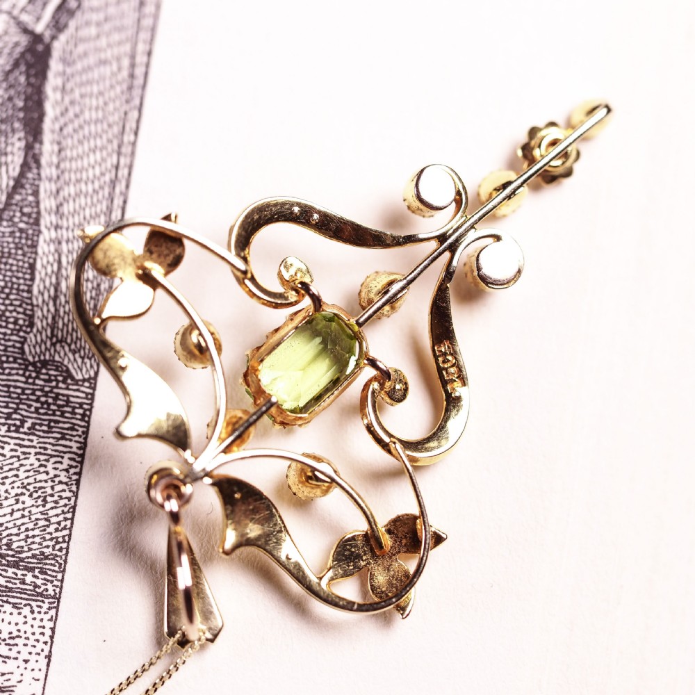 Antique Edwardian 15ct Gold Peridot & Pearl Necklace/Pendant - c.1910 View XVIII