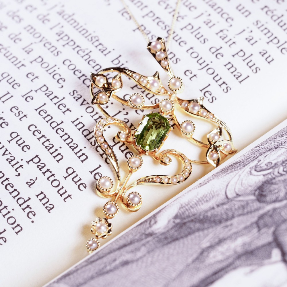 Antique Edwardian 15ct Gold Peridot & Pearl Necklace/Pendant - c.1910 View XIX