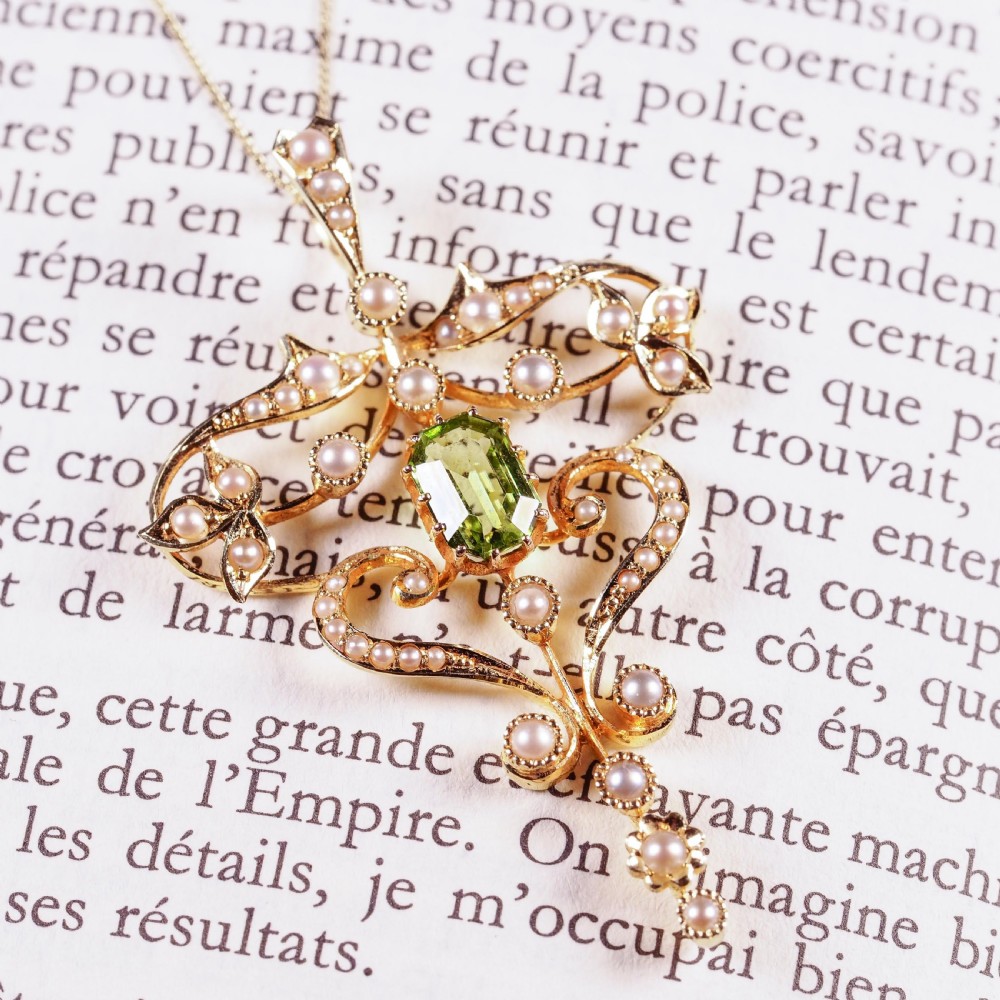 Antique Edwardian 15ct Gold Peridot & Pearl Necklace/Pendant - c.1910 View XX