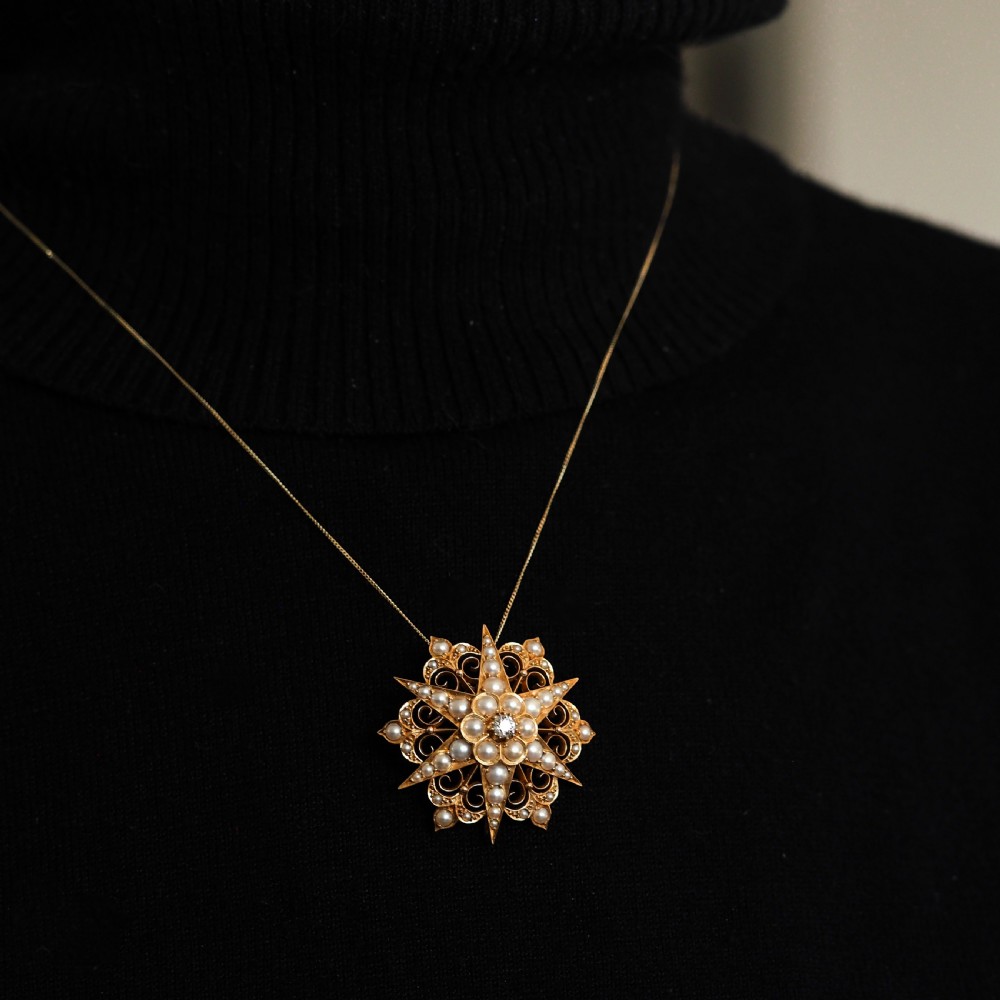 Antique Victorian 18ct Gold Diamond Pearl Star Necklace/Pendant/Brooch - c.1890 View II