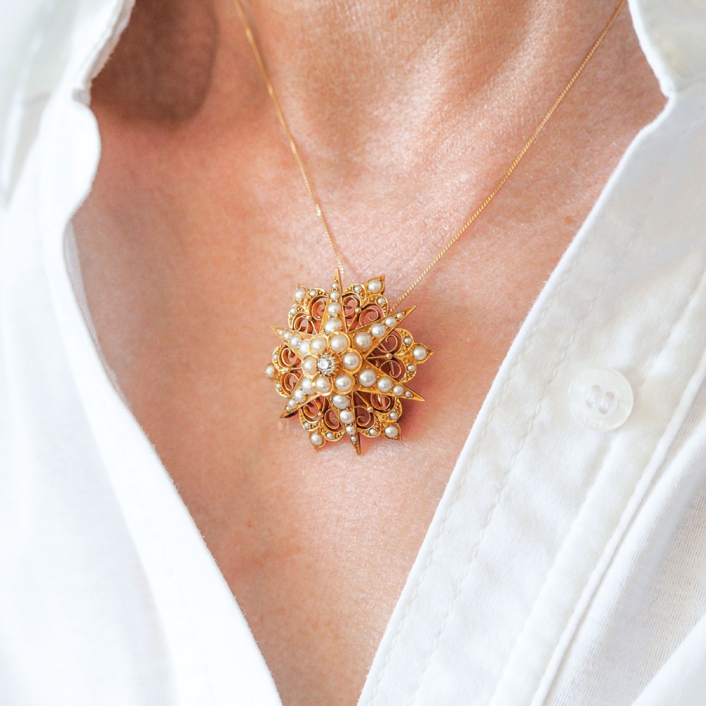 Antique Victorian 18ct Gold Diamond Pearl Star Necklace/Pendant/Brooch - c.1890 View IV