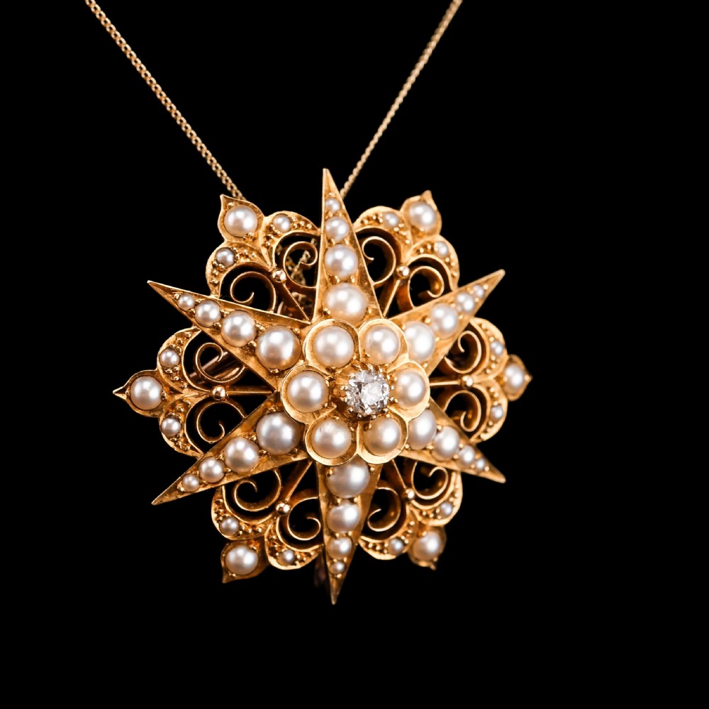 Antique Victorian 18ct Gold Diamond Pearl Star Necklace/Pendant/Brooch - c.1890 View VII