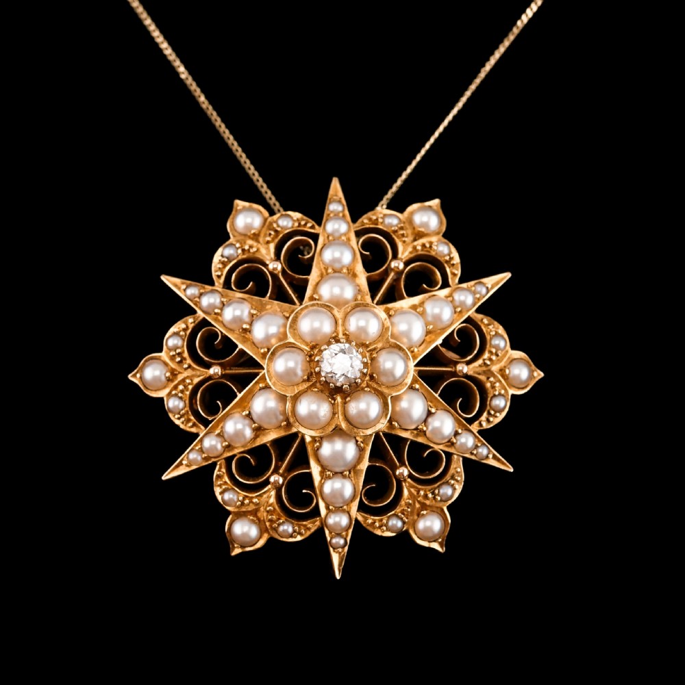 Antique Victorian 18ct Gold Diamond Pearl Star Necklace/Pendant/Brooch - c.1890 View VIII