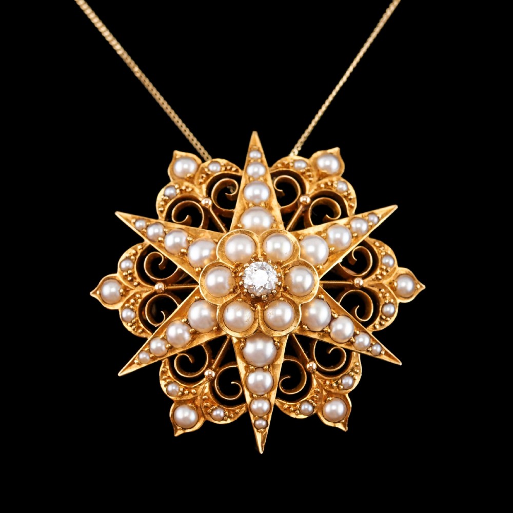 Antique Victorian 18ct Gold Diamond Pearl Star Necklace/Pendant/Brooch - c.1890 View X