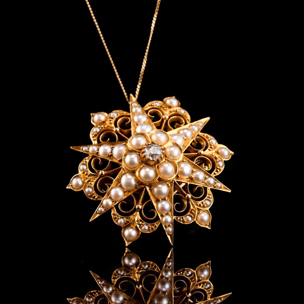 Antique Victorian 18ct Gold Diamond Pearl Star Necklace/Pendant/Brooch - c.1890 View XI