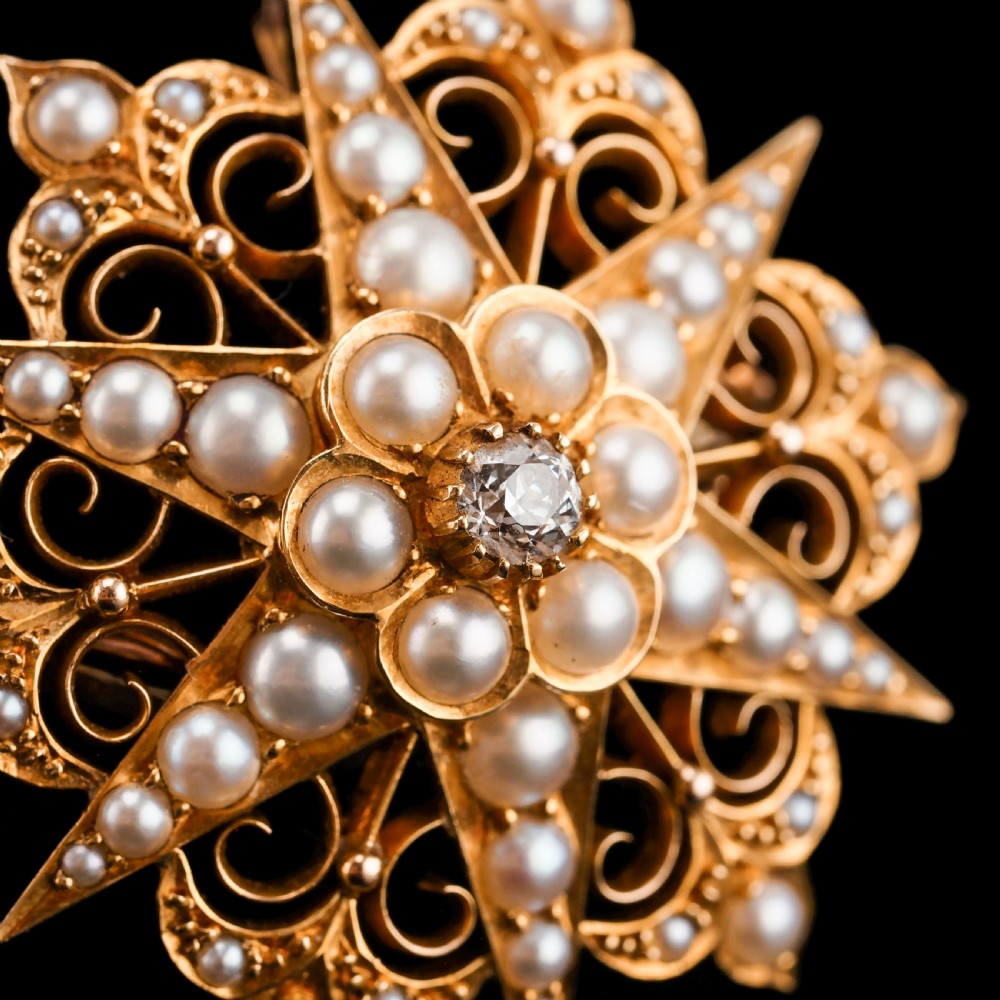 Antique Victorian 18ct Gold Diamond Pearl Star Necklace/Pendant/Brooch - c.1890 View XII