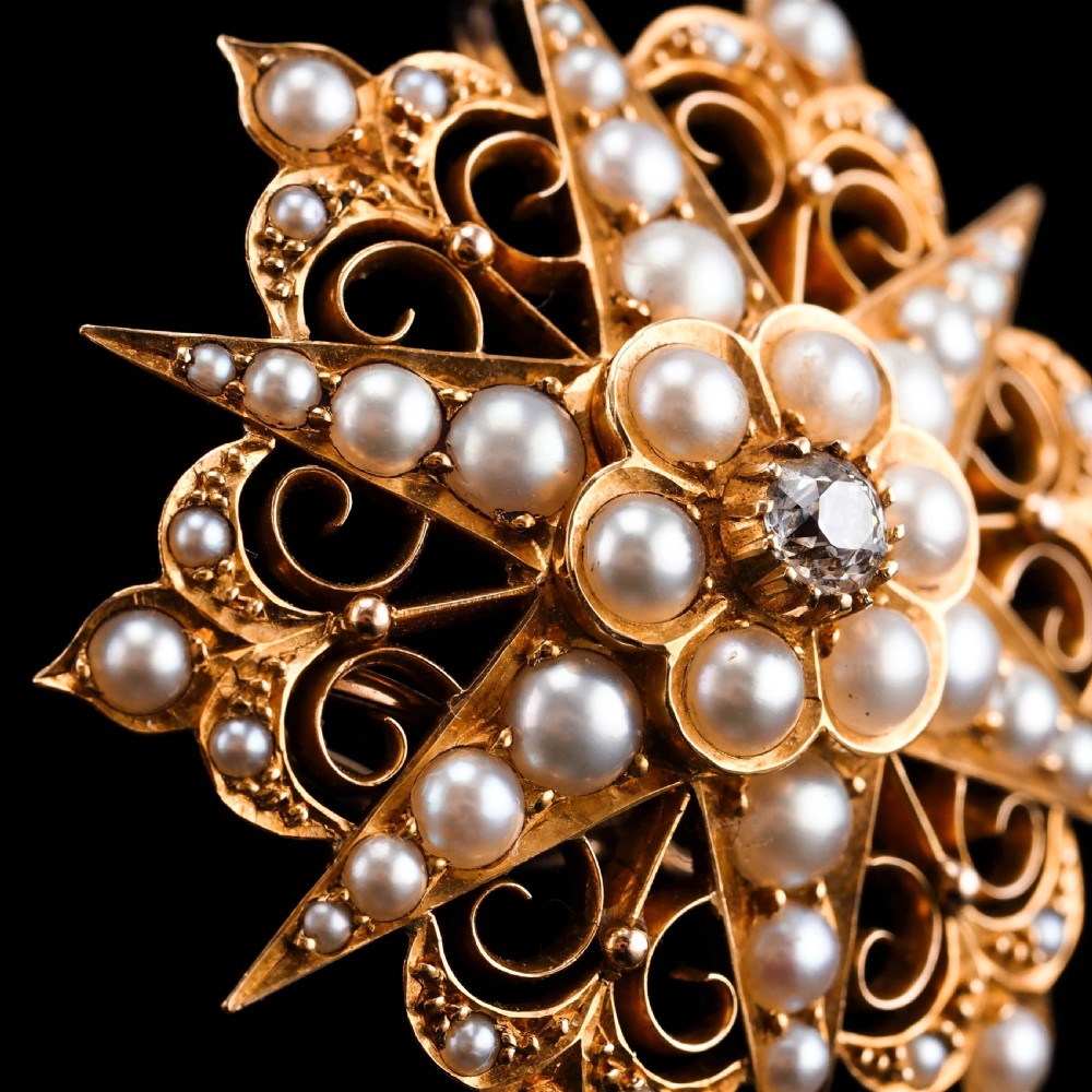 Antique Victorian 18ct Gold Diamond Pearl Star Necklace/Pendant/Brooch - c.1890 View XIII