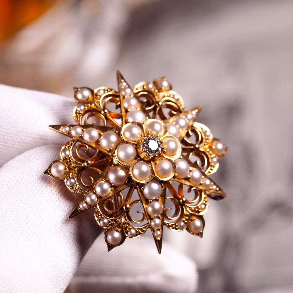 Antique Victorian 18ct Gold Diamond Pearl Star Necklace/Pendant/Brooch - c.1890 View XIV