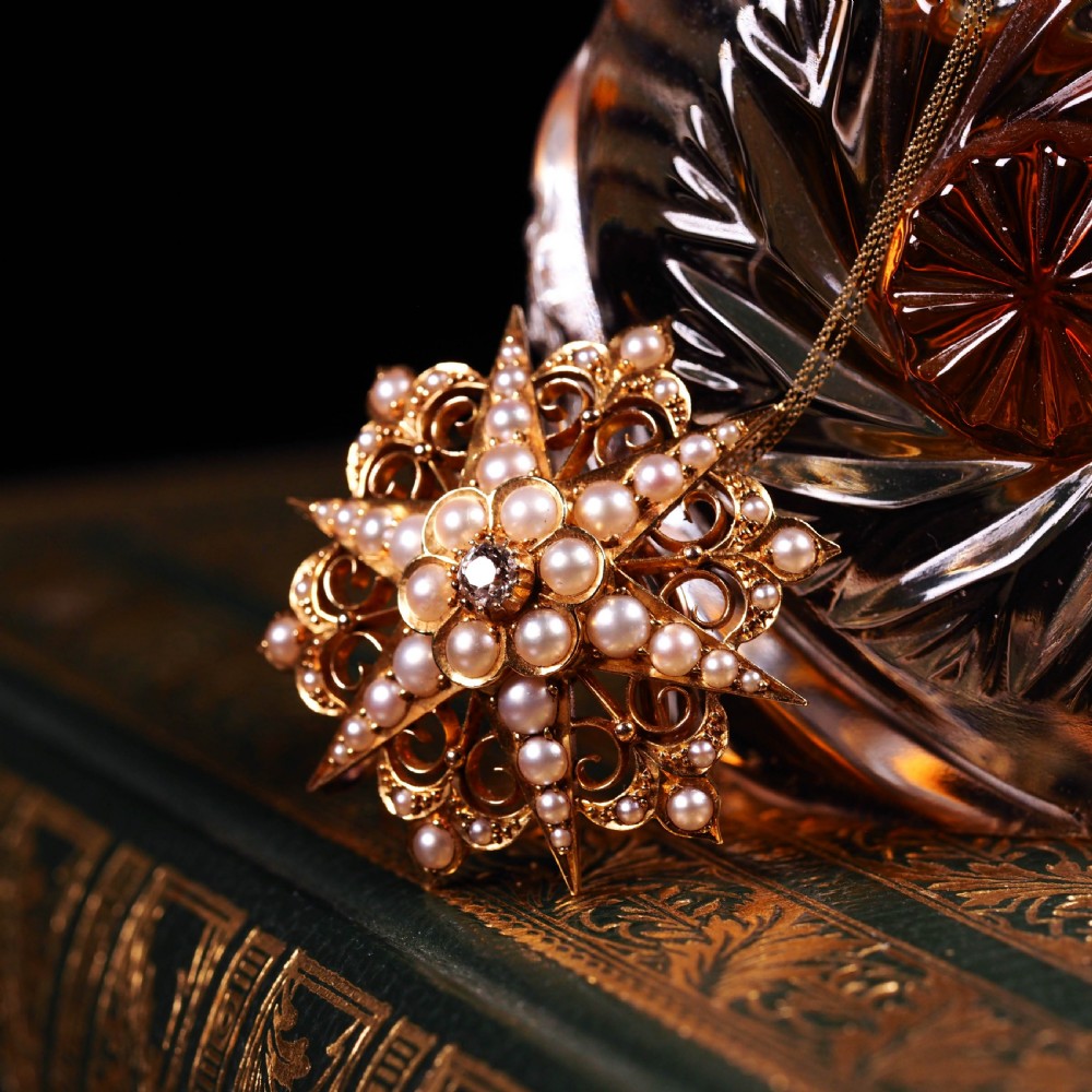 Antique Victorian 18ct Gold Diamond Pearl Star Necklace/Pendant/Brooch - c.1890 View XVI