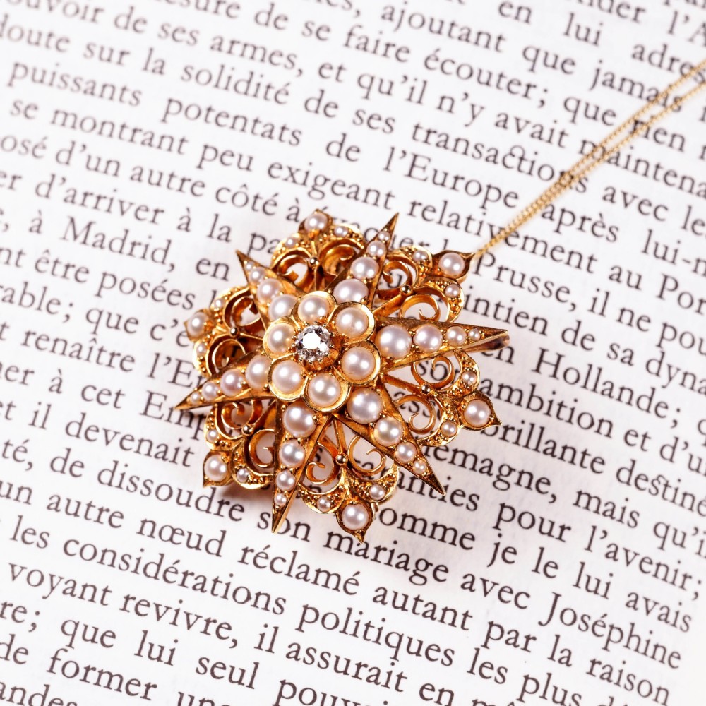 Antique Victorian 18ct Gold Diamond Pearl Star Necklace/Pendant/Brooch - c.1890 View XVII