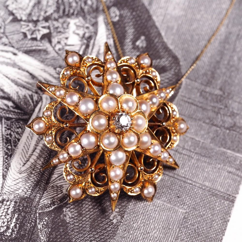 Antique Victorian 18ct Gold Diamond Pearl Star Necklace/Pendant/Brooch - c.1890 View XVIII