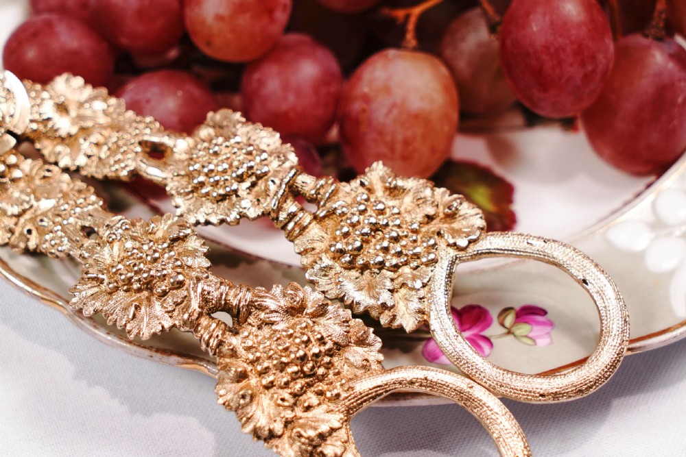 A pair of Georgian solid silver gilt grape shears featuring cast grapevine handle motifs. View VII