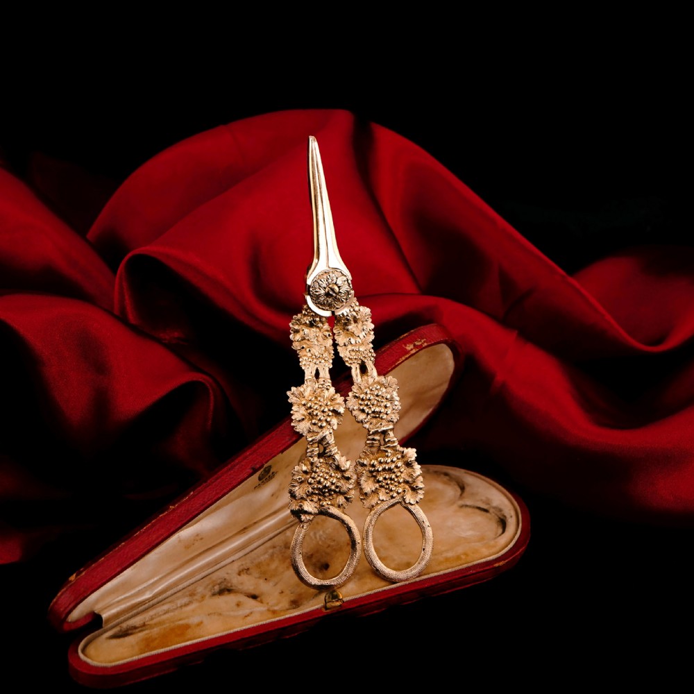 A pair of Georgian solid silver gilt grape shears featuring cast grapevine handle motifs. View XIII