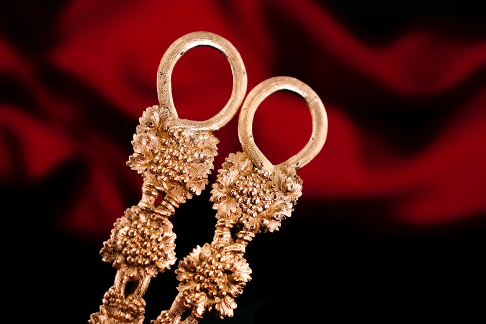 A pair of Georgian solid silver gilt grape shears featuring cast grapevine handle motifs. View XVII
