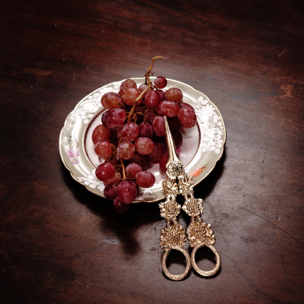 A pair of Georgian solid silver gilt grape shears featuring cast grapevine handle motifs. View XXVII