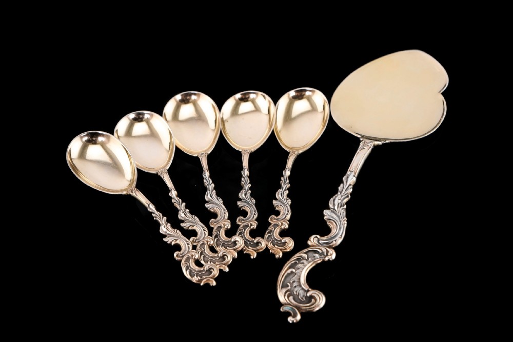 Antique German Solid Silver Icecream Server & Spoons in Rococo Style - c.1900 View II