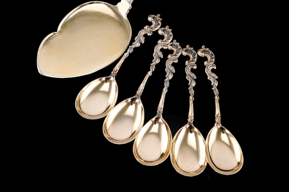 Antique German Solid Silver Icecream Server & Spoons in Rococo Style - c.1900 View III